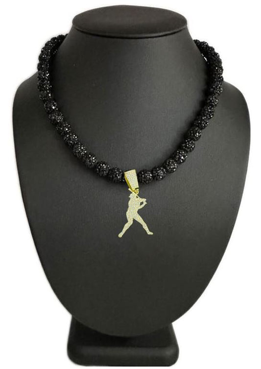 Iced Bling Disco Ball Rhinestone Crystal Bead Baseball Necklace Black Ice + 14k Gold Plated Player Swing Pendant