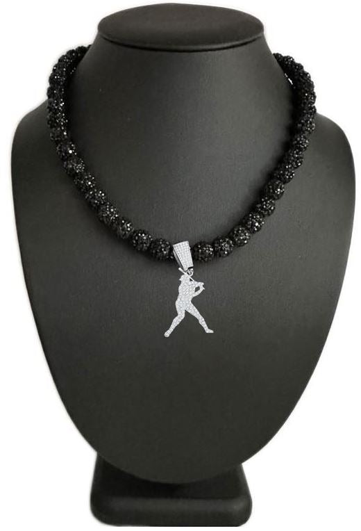 Iced Bling Disco Ball Rhinestone Crystal Bead Baseball Necklace Black Out + Player Swing Pendant