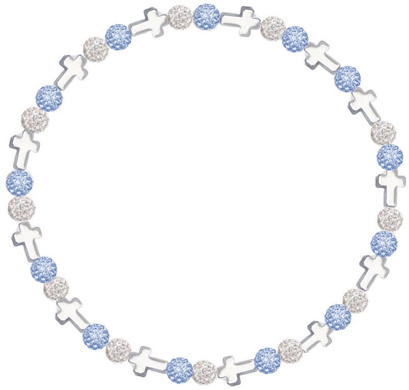 Iced Bling Disco Ball Rhinestone Crystal Bead Baseball Necklace Prayer Collection Sky Blue Crystal White with Silver Crosses