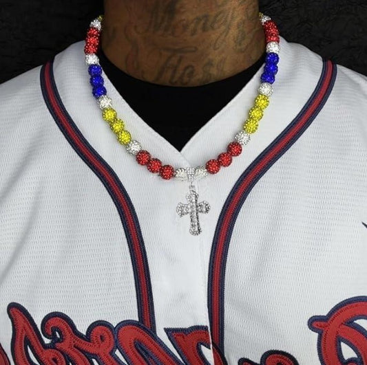 Iced Bling Disco Ball Rhinestone Pollyanna Crystal Bead Baseball Softball Necklace Red, Yellow, Blue + Cross Pendant