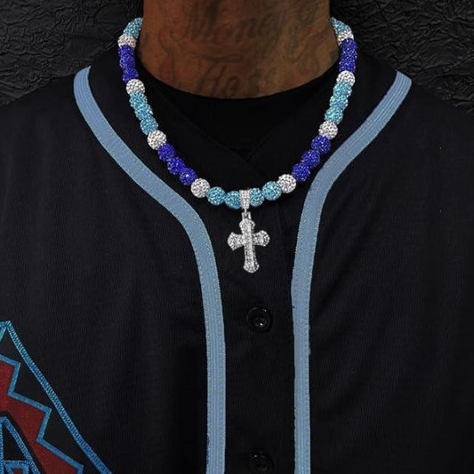 Iced Bling Disco Ball Rhinestone Pollyanna Crystal Bead Baseball Softball Necklace Blue + Cross Pendant