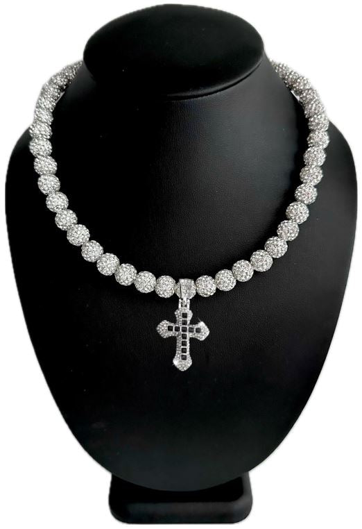 Iced Disco Ball Crystal Bead Baseball Drip Necklace w/ Iced Onyx Bling Cross Pendant