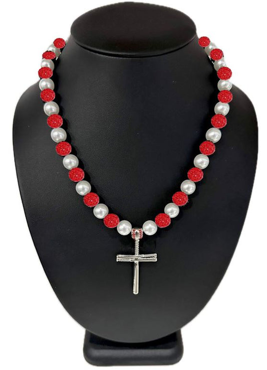 Iced Disco Ball Crystal Bead Baseball Necklace Red & Pearl w/ Cross Baseball Bat Pendant