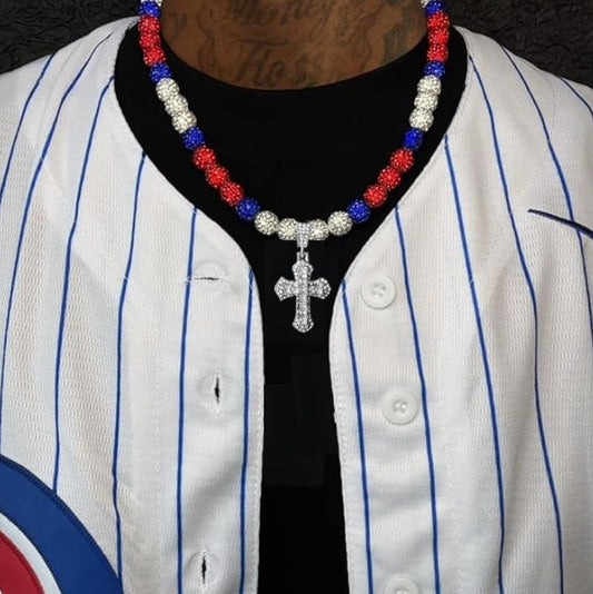 Iced Bling Disco Ball Rhinestone Pollyanna Crystal Bead Baseball Softball Necklace Red, White, Blue + Cross Pendant