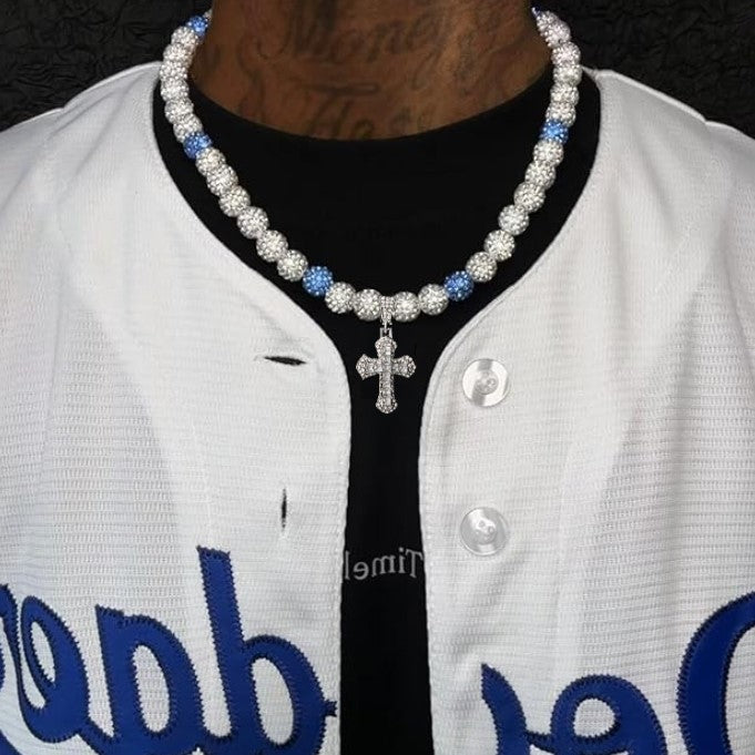 Iced Bling Disco Ball Rhinestone Pollyanna Crystal Bead Baseball Softball Necklace White, Blue + Cross Pendant