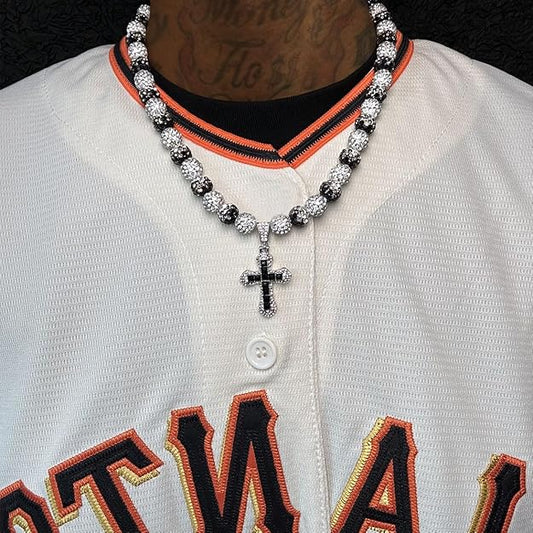 Iced Bling Disco Ball Rhinestone Pollyanna Crystal Bead Baseball Softball Necklace White,Hematite + Cross Pendant