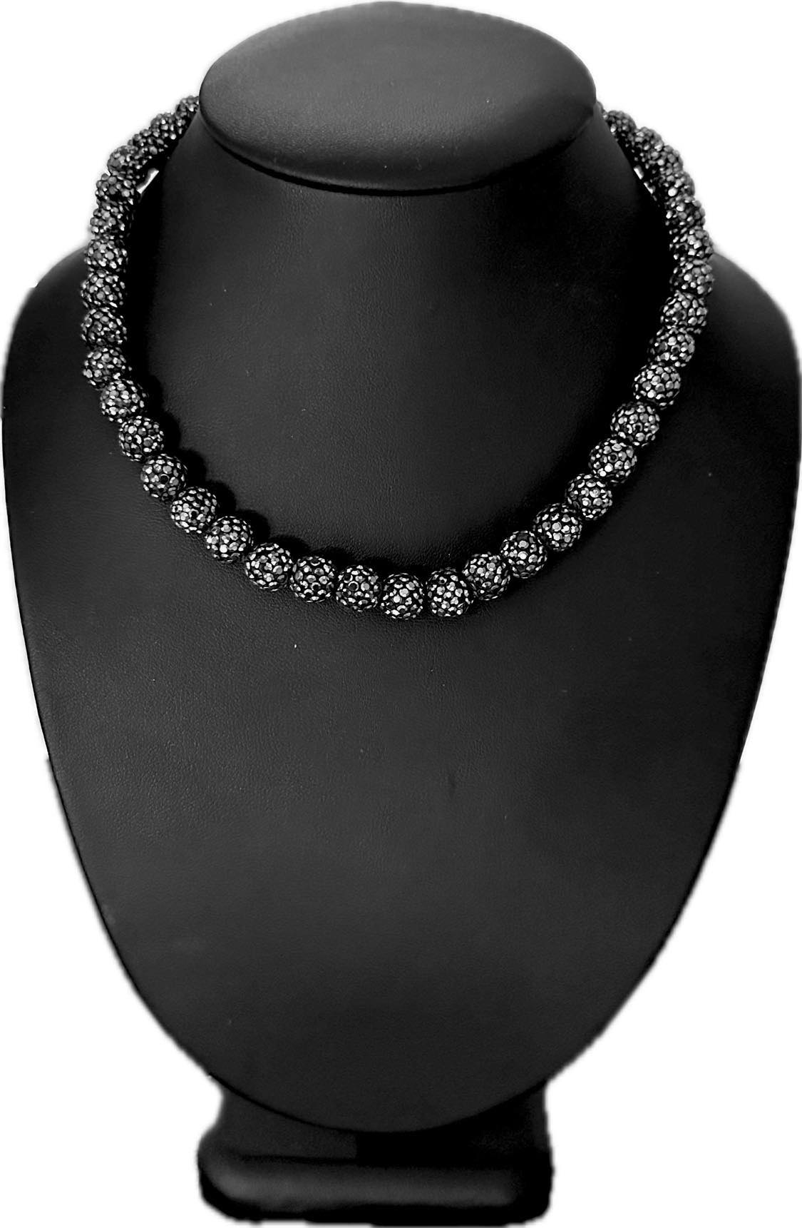 Iced Bling Disco Ball Rhinestone Crystal Bead Baseball Drip Necklace Hematite Dark Gray