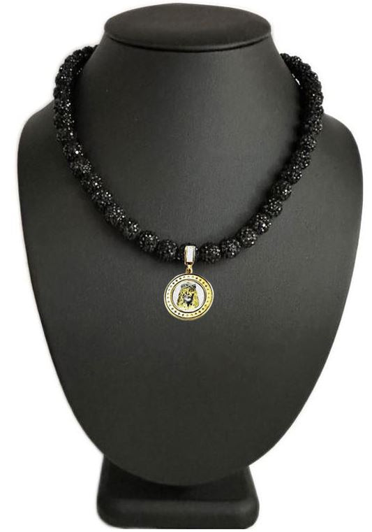 Iced Bling Disco Ball Rhinestone Crystal Beaded Baseball Drip Black Necklace + Round 14K Gold Plated Jesus Pendant