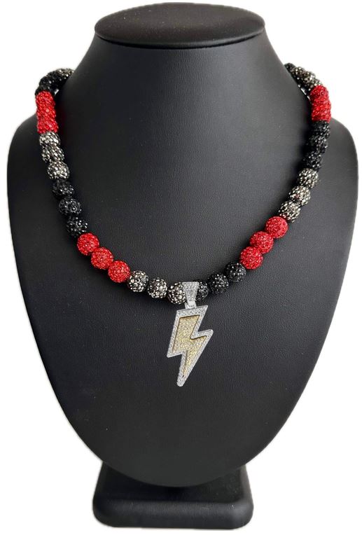 Iced Bling Disco Ball Rhinestone Crystal Bead Baseball Necklace Black Red, Hematite Lightning