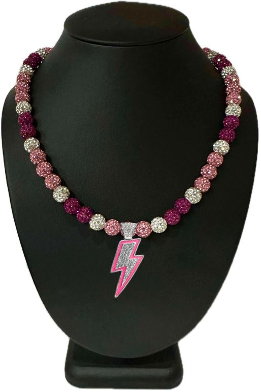 Iced Bling Disco Ball Rhinestone Pollyanna Crystal Bead Baseball Softball Necklace Hot Pink Lightning