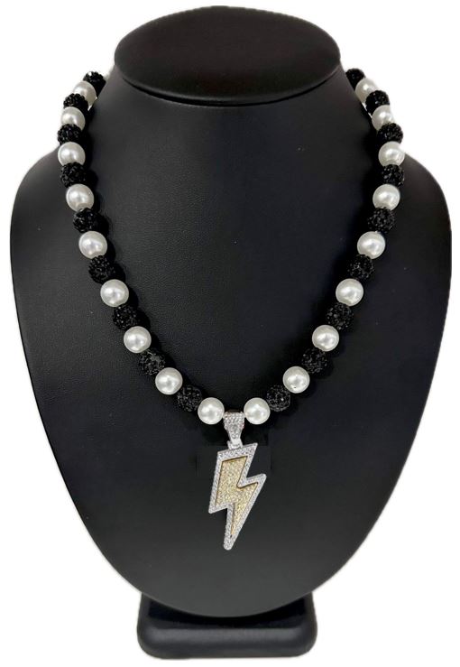 Iced Bling Disco Ball Rhinestone Crystal Bead Baseball Necklace Black Out, Pearl, Lightning