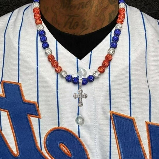 Iced Bling Disco Ball Rhinestone Pollyanna Crystal Bead Baseball Softball Necklace Orange, Blue + Cross Pendant