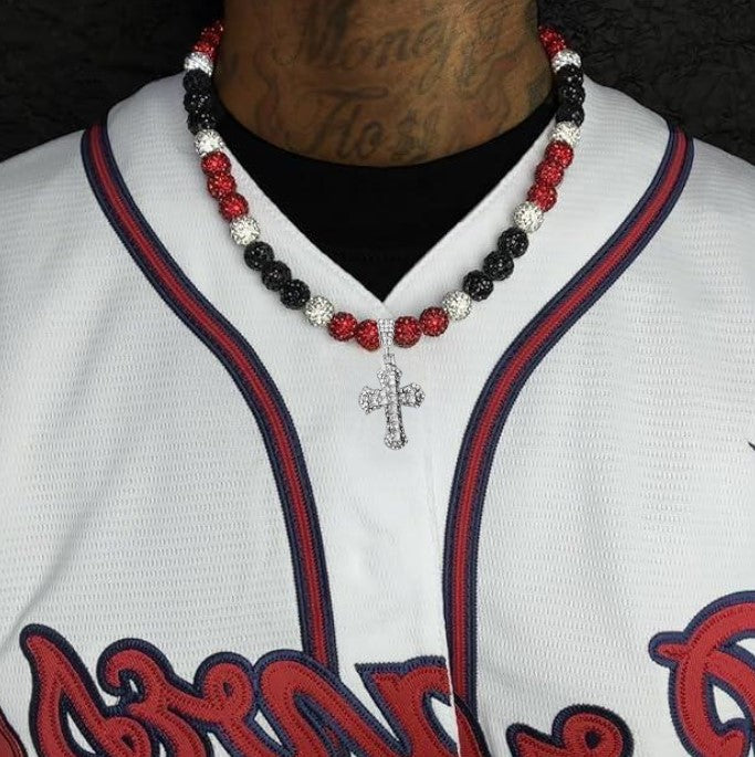 Iced Bling Disco Ball Rhinestone Pollyanna Crystal Bead Baseball Softball Necklace Red, White, Black + Cross Pendant