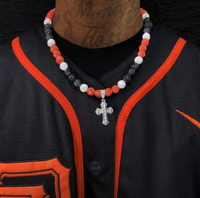 Iced Bling Disco Ball Rhinestone Pollyanna Crystal Bead Baseball Softball Necklace Orange, Black + Cross Pendant