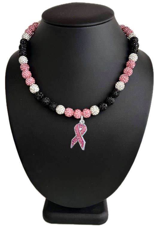 Pink Black Iced Disco Ball Crystal Bead Baseball Drip Necklace w/ Iced Pink Ribbon Pendant