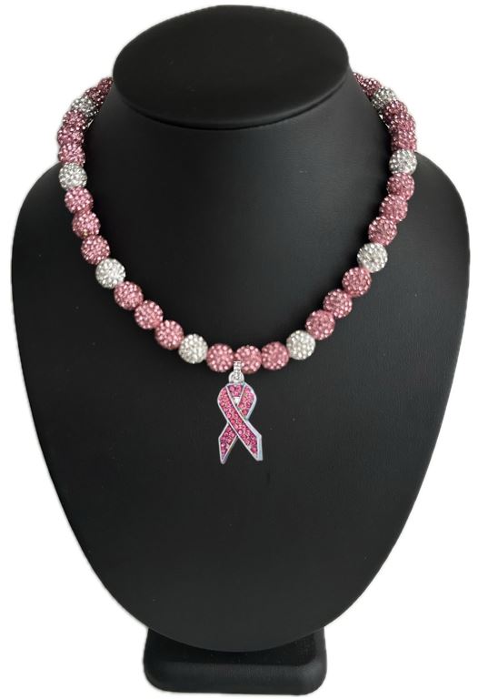 Pink Out Iced Disco Ball Crystal Bead Baseball Drip Necklace w/ Iced Pink Ribbon Pendant