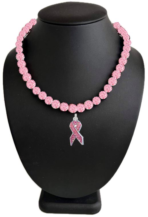 Pink Out Iced Disco Ball Crystal Bead Baseball Drip Necklace w/ Iced Pink Ribbon Pendant