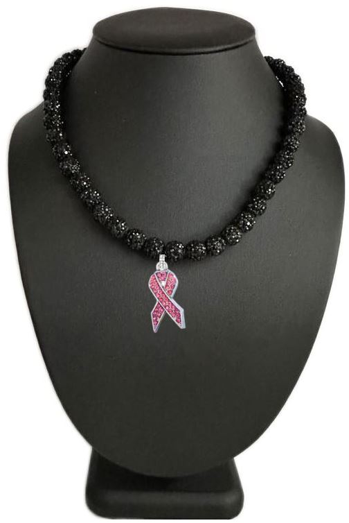 Black Out Iced Disco Ball Crystal Bead Baseball Drip Necklace w/ Iced Pink Ribbon Pendant