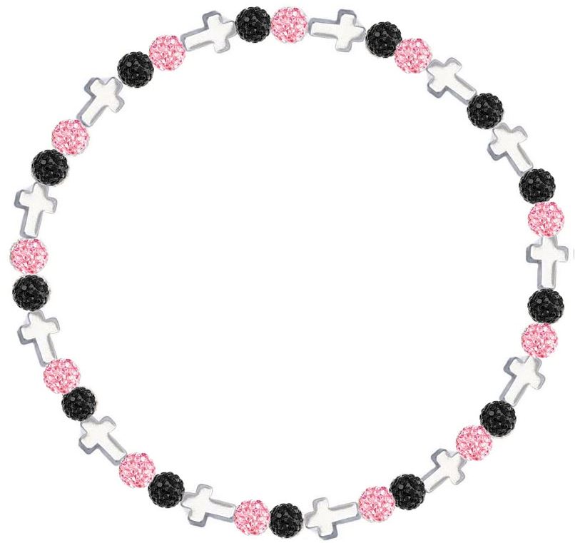 Iced Bling Disco Ball Rhinestone Crystal Bead Baseball Necklace Prayer Collection Pink Black with Silver Crosses