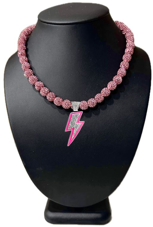 Iced Bling Disco Ball Rhinestone Pollyanna Crystal Bead Baseball Softball Necklace Pink Lightning