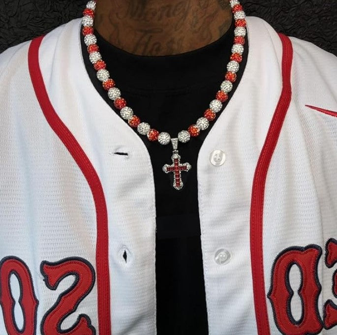 Iced Bling Disco Ball Rhinestone Pollyanna Crystal Bead Baseball Softball Necklace Red White + Cross Pendant