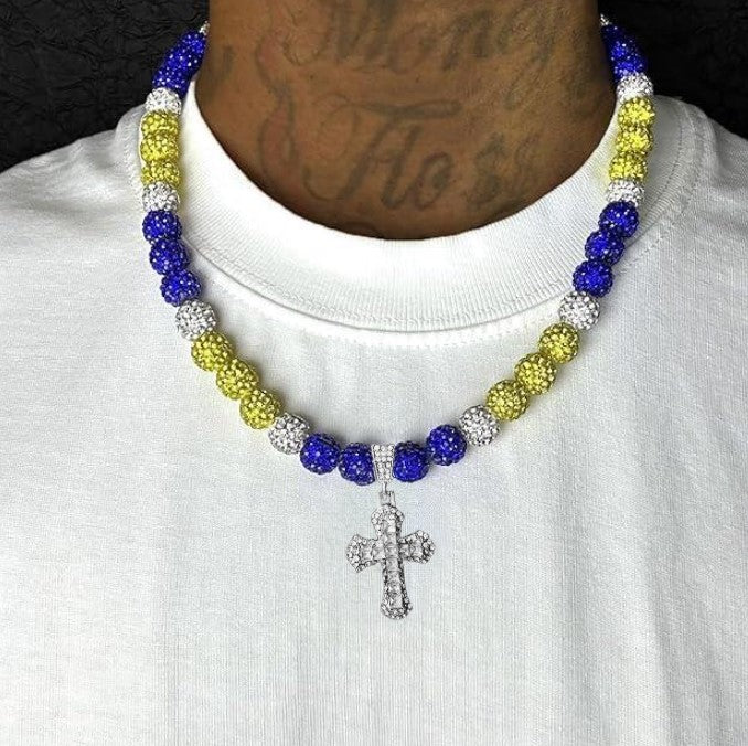 Iced Bling Disco Ball Rhinestone Pollyanna Crystal Bead Baseball Softball Necklace Royal Blue, Yellow + Cross Pendant