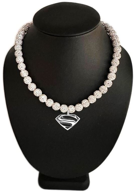 White Out Iced Disco Ball Crystal Bead Baseball Drip Necklace w/ Silver Superman Pendant