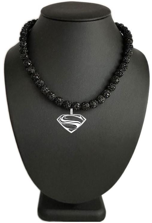 Black Out Iced Disco Ball Crystal Bead Baseball Drip Necklace w/ Silver Superman Pendant