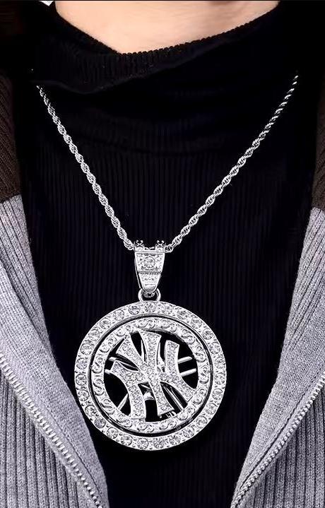 Silver Plated Iced CZ NY New York Yankees Baseball Pendant Necklace