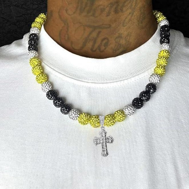 Iced Bling Disco Ball Rhinestone Pollyanna Crystal Bead Baseball Softball Necklace Yellow, Black + Cross Pendant