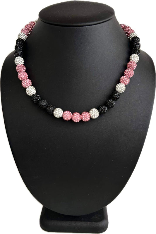 Iced Bling Disco Ball Rhinestone Crystal Bead Baseball Softball Necklace Pink Black